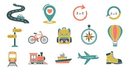Whimsical Travel Icons Collection: Transportation, Exploration, and Adventure Elements