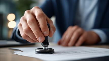 Legal document certification: Individual in office environment applying approval stamp to contract and legal agreement official verification process certification services