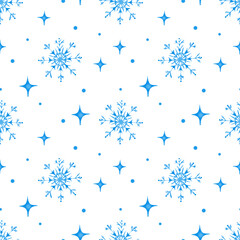 Seamless Christmas pattern with blue snowflakes. Cute new year background. Vector illustration for design wrapping paper, wallpaper, textile