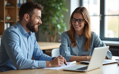 Obraz premium Two busy happy professional business man and woman executive leaders team using laptop working on computer at work desk having conversation on financial project at meeting in office. High quality