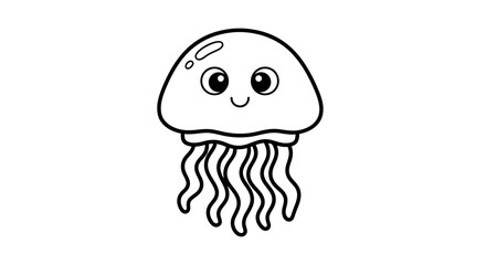 Simple Cute Jellyfish Outline with Smiling Face for Coloring Books and Educational Resources