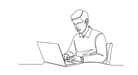 Single line drawing of a focused man working on a laptop at his desk diligently completing his tasks
