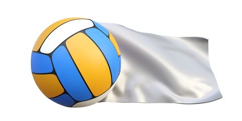 Fototapeta premium Volleyball ball with blank white flag mockup on a isolated background. Volleyball championship. Volleyball banner template. Volleyball event. Sport competition banner template.