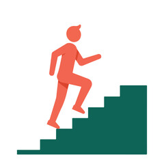 Stylized red figure ascends a teal staircase, symbolizing progress