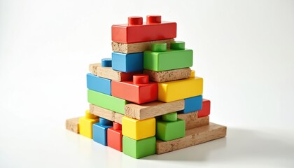 Colorful toy blocks stack in a playful tower. Mix of plastic and wood bricks creates a vibrant, geometric composition. Ideal for themes of childhood, education, and creative play.