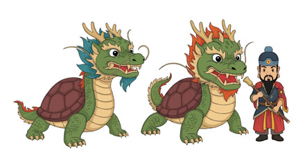 Fototapeta premium Whimsical fusion creatures: Turtle-backed dragons and a classical figure in illustration