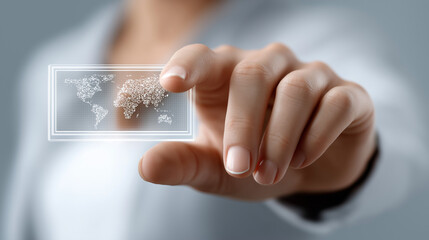 Global Connection: A person's hand delicately presents a digital world map on a transparent interface, representing connection and global reach.