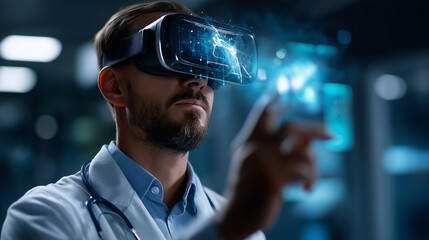 Virtual reality in medicine: Doctor wearing VR headset for AI enhanced medical diagnosis virtual health data visualization futuristic healthcare technology immersive medical tra