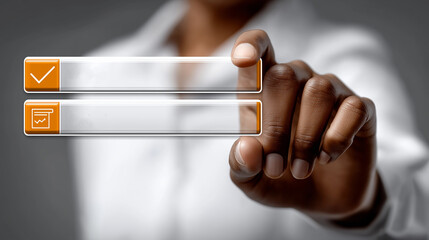 Precision Choice: An individual's focused gesture illuminates choice and decision-making as they interact with a digital interface.