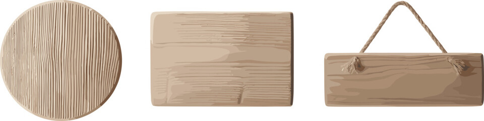 Set of blank wooden sign boards with round, rectangular, and hanging shapes, natural wood texture for design and decoration projects