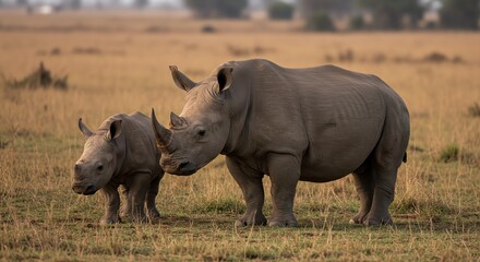 Obraz premium Rhino mother and calf in African savanna