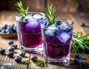 Refreshing Blueberry Cocktails with Rosemary and Ice on Wooden Table.
