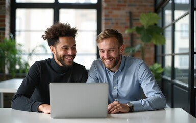 Two business people using a laptop together in an office. High quality
