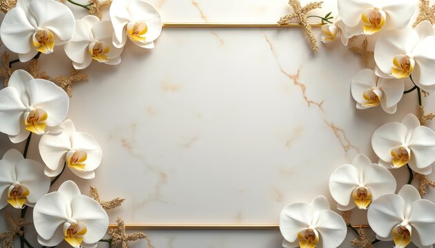 Elegant white orchids frame gold border on marble background. White flowers and gold elements decorate border. Orchids have yellow centers. Background is white marble with gold veins.