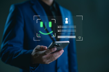 Businessman holding smartphone with facial recognition login interface. Concept of biometric authentication, cybersecurity, mobile access control, and secure user identity verification.