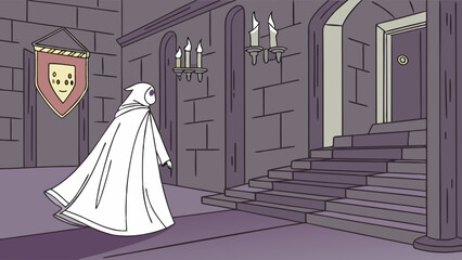 Cartoon Ghostly Figure in White Robe Walking Through Stone Castle Hallway