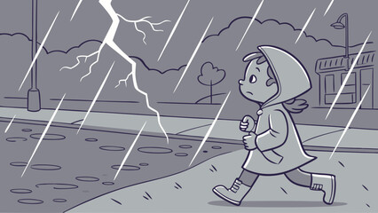 Cartoon Girl Running in Rainstorm with Lightning and Hooded Raincoat