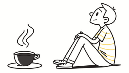 Cartoon man with striped shirt sitting near steaming coffee cup illustration