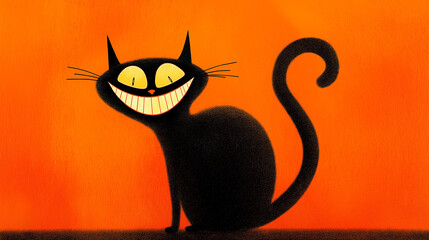 Grinning Cat Poster. Stylized black cat with wide glowing grin and arched back on solid orange background, Halloween, empty foreground for text 