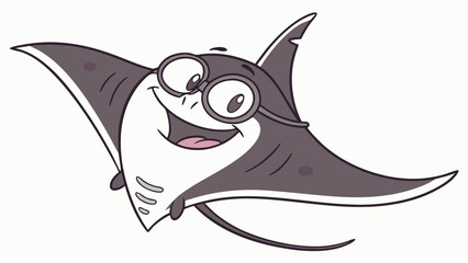 Cartoon Manta Ray with Glasses Smiling Fins Spread and a Long Tail