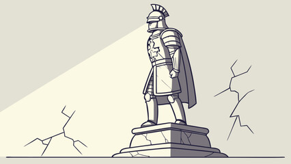 Cartoon Roman Centurion Statue with Cape and Helmet on Stone Pedestal