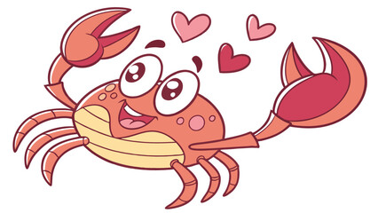 Cheerful Cartoon Crab with Hearts Expressing Affection and Joyful Emotions