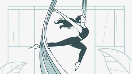 Elegant aerialist in dark teal leotard performing on flowing silk ribbons with grace