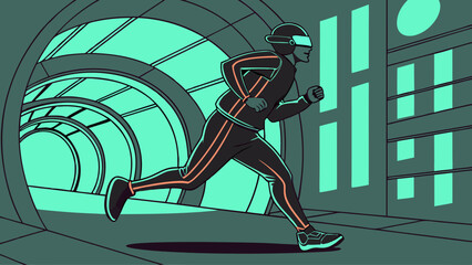 Futuristic Runner in NeonLit Corridor Dynamic Motion and Speed