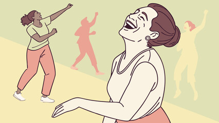 Joyful Woman with Dancing Silhouettes Head Tilted Back in Laughter