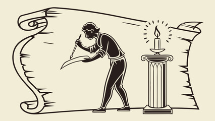 Man Inking a Scroll by Candlelight on a Classical Column Vintage Illustration