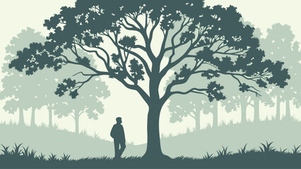 Solitary Figure Beneath Sprawling Tree Silhouette in Forest Landscape