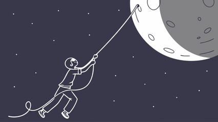 Stylized illustration of a person pulling the moon with a rope in starry night