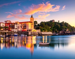 Obraz premium Coastal town nestled by the water at colorful sunset
