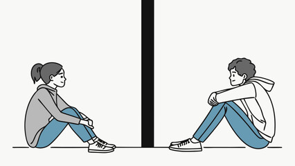 Two People Separated by a Black Line Sitting and Contemplating