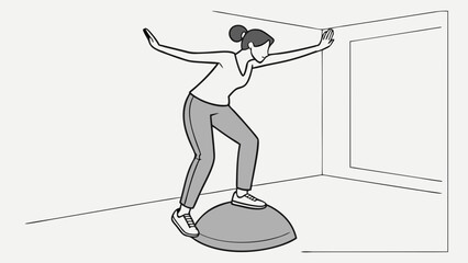 Woman Balancing on Exercise Ball in Corner Arms Outstretched for Stability