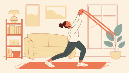 Woman Exercising with Resistance Band in Home Interior Illustration