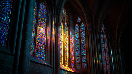 Gothic cathedral stained glass, rich reds and blues illuminating dark vaulted ceiling