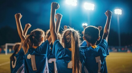 A group of young athletes celebrating after winning a game under stadium lights