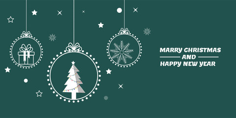 Merry Christmas and Happy New Year Vector Background with Hanging Ornaments and Christmas Tree.
