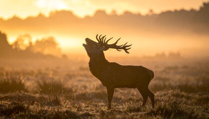 Naklejka premium Majestic stag bellows in field at sunrise, mist and glowing light