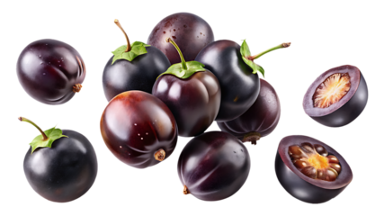 Closeup shot of black nightshade fruits and cut slices against a transparent background
