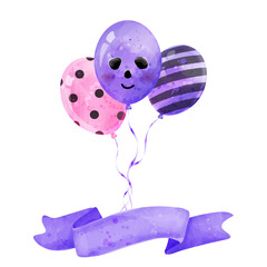 Halloween banner. Balloons and garlands with flags. Сute vector watercolor background with illustrations for the design of cards, posters for Halloween day. Copy space.
