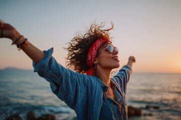 Fashionable woman at seaside during sunset dancing in denim dress red headband as sunlight reflects golden glow over calm ocean surface
