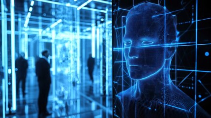 A futuristic security system scanning a face for detection as someone enters a high-tech facility