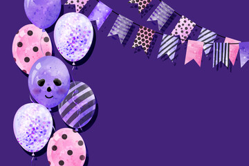 Halloween banner. Balloons and garlands with flags. Сute vector watercolor background with illustrations for the design of cards, posters for Halloween day. Copy space.