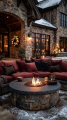 Modern rustic mansion outdoor living area with fire pit, light winter snow, rich red and forest green velvet pillows, cozy Christmas decorations, wreaths, plush furniture, and magical holiday atmosphe