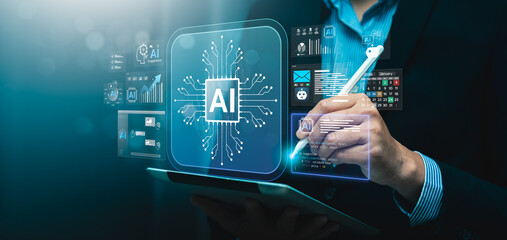 Artificial intelligence innovation in digital business with businessman using smart stylus and tablet to interact with virtual AI interface for data analysis, automation, predictive insight technology