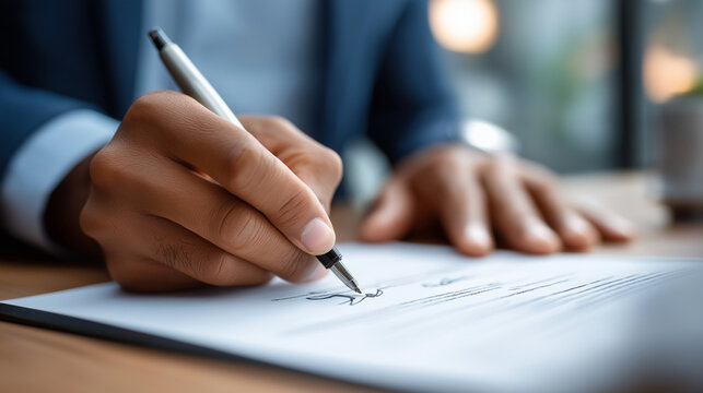 Legal document signing: Signature being written on official legal form business contract approval certified paperwork processing notarized agreement validation legal