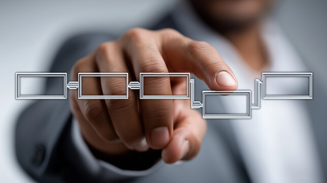 Business Chain: A professional figure in a sharp business suit, finger pointing to an interconnected series of blocks illustrating the concept of chain.