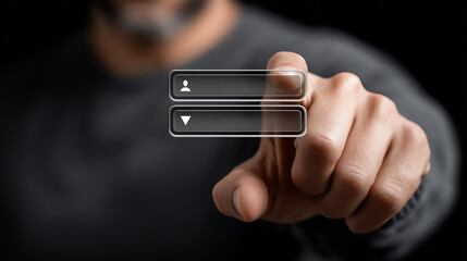 Digital Authentication: A close-up shot highlights a hand's interaction with a digital login interface, with a fingertip poised to select an option. It speaks to security, access.